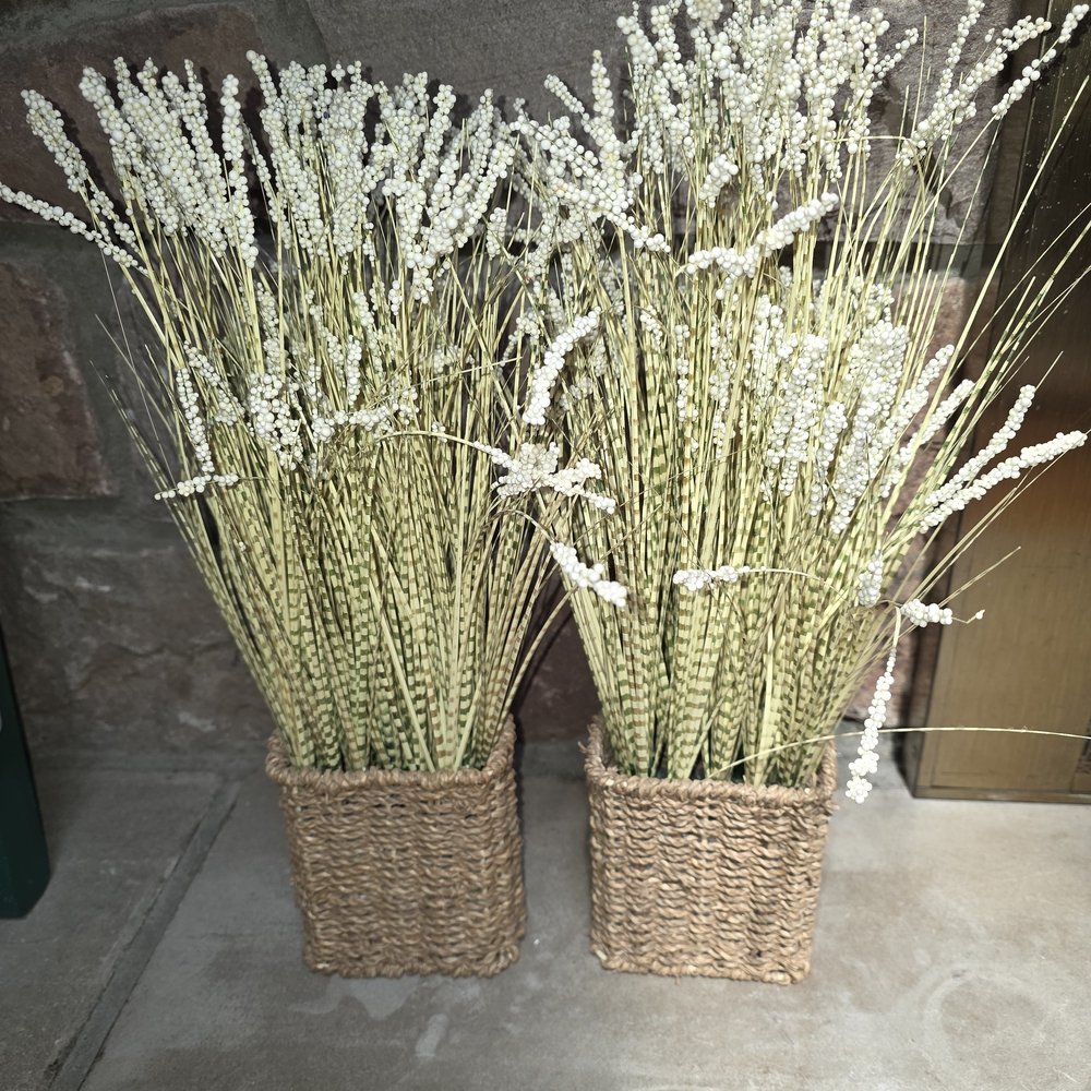 Pier 1 Woven Basket with Cream and Green Faux Florals